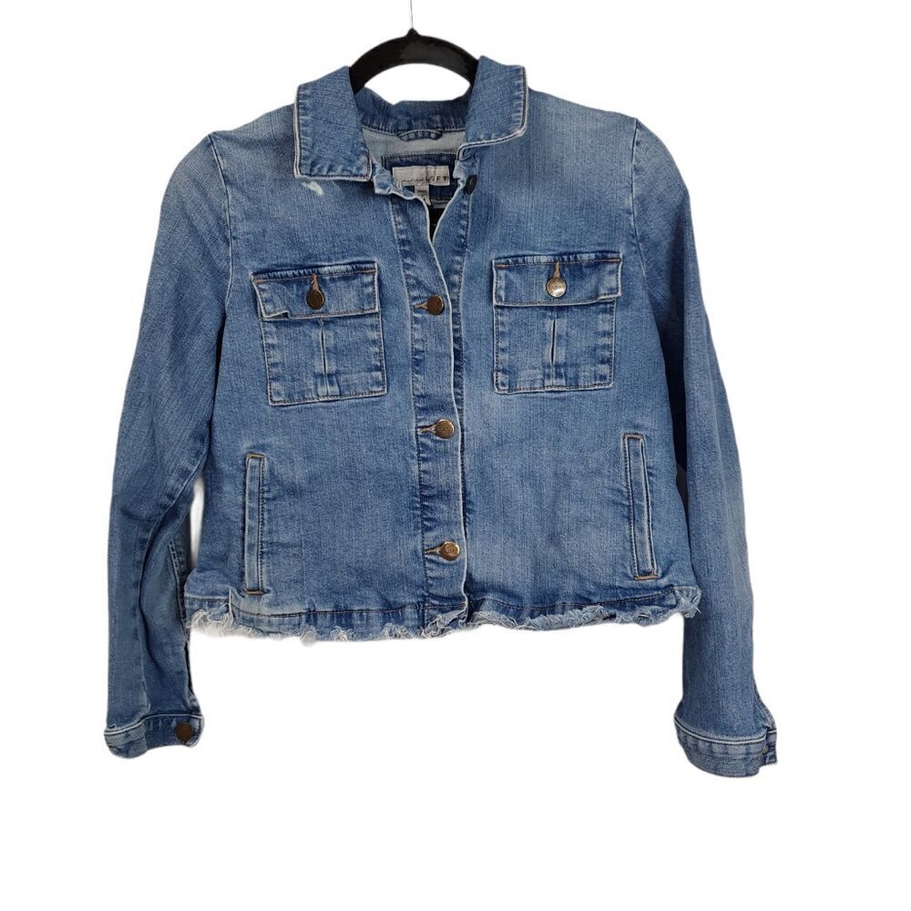 Ann Taylor Loft Cropped Denim Trucker Jacket Blue Jean Distressed